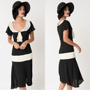 Unique Vintage Black and White Midi Dress